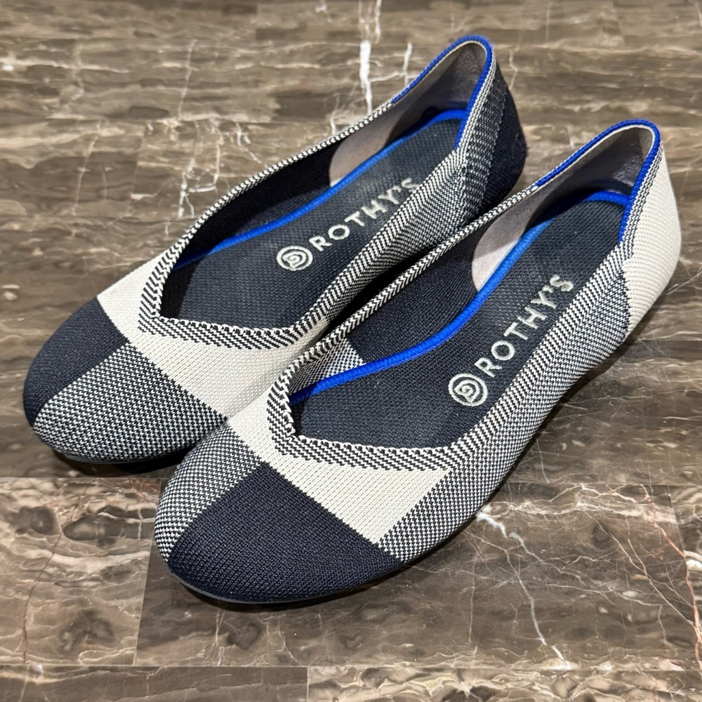 Rothy’s The Flat Cap-toe Black and Cream Plaid Ballet Flats